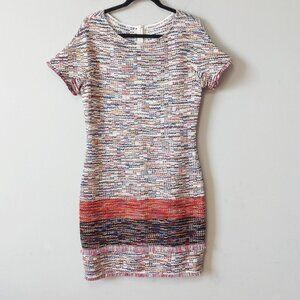 St John Multicolor Tweed Knit Dress Size 8 Fringe Trim Short Sleeve Stretch Midi